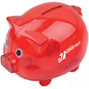 A red pig-shaped coin bank with a slot for coins and a rounded body. It features a branding logo on the side.