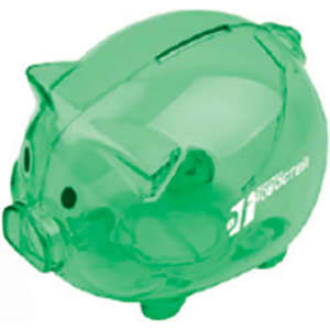A transparent green pig-shaped coin bank with black eyes and a slot on top for coins.