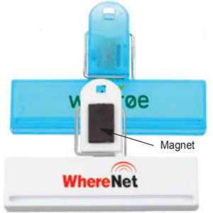 A set of three office clips in blue and white, featuring a magnet on the back and a logo.