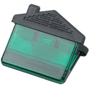 A house-shaped clip in green with a black accent and a built-in magnet for holding papers.