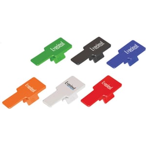 A collection of mobile holders in green, black, blue, orange, red, and white, featuring a logo on each.