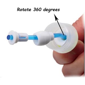 A flexible straw with a blue tip and a white connector, designed to rotate 360 degrees within a bottle cap.
