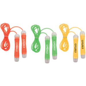 Two pairs of skipping ropes with bright orange and green handles and matching cords, featuring a logo on the handles.