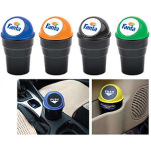 A set of four coloured dustbins for cars in black, featuring a logo on the lids.