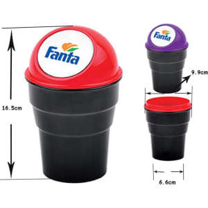 A black dustbin with a red and purple lid, featuring a logo. It has a tapered design and measures 16.5cm tall.
