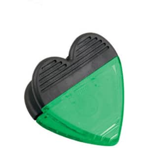 A heart-shaped clip with a green bottom and black top, featuring a logo on the surface.