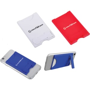 A mobile stand and card holder in white, red, and blue, with logos and a slot for cards.