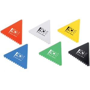 A set of six triangular ice scrapers in red, white, green, blue, yellow, and black, featuring a logo.