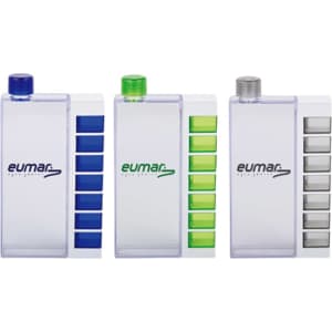 A drink bottle with a pillbox attachment, available in blue, green, and clear, featuring a logo.