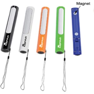 A set of COB lights in black, orange, green, and blue, each with a wrist strap and a magnet.
