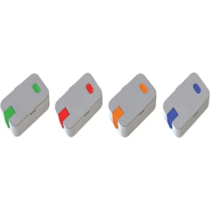 A set of four lunch boxes in grey, featuring coloured clips in green, red, orange, and blue. Each box has a logo.