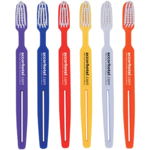 A set of six toothbrushes in purple, red, yellow, orange, white, and blue, each featuring a logo.