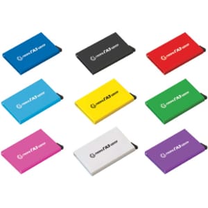 A collection of RFID car holders in various colours: black, red, blue, green, yellow, pink, and white. Each has a logo.