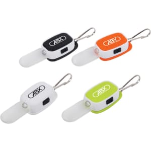 A mini key light in black, orange, and green, featuring a clip and a logo.