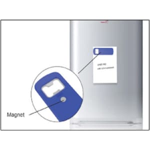 A drink bottle opener with a magnet, featuring a blue plastic design, attached to a silver fridge.