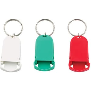 A pill box keychain set in white, green, and red, featuring a flip-top design and attached key ring.