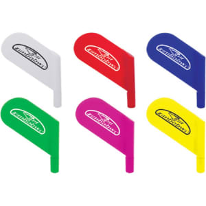 A collection of six plastic pens in white, red, green, blue, yellow, and pink, each featuring a logo.