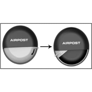 A black pill box featuring a sliding compartment and a logo, designed for health and personal use.