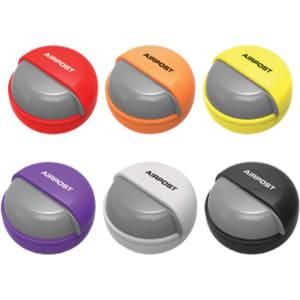 A set of six pill boxes in red, orange, yellow, purple, white, and black, featuring a logo on each.