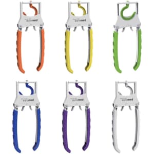 A set of six coat hangers in orange, yellow, green, purple, and white, featuring a metallic frame and ergonomic grips.