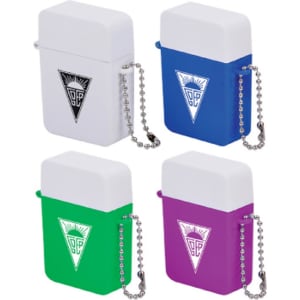 A pill box with a keyring, available in white, blue, green, and purple, featuring a logo.