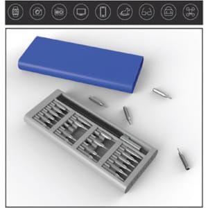 A grey tool set with various metal tools, accompanied by a blue case, lies on a light background.