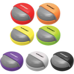 A set of colourful rounded cases for earbuds, available in red, orange, yellow, green, purple, black, and white.
