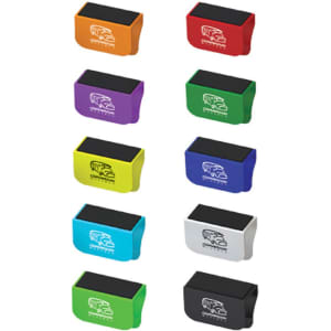 A set of colourful webcam covers in orange, purple, green, blue, and white, featuring a logo on each.