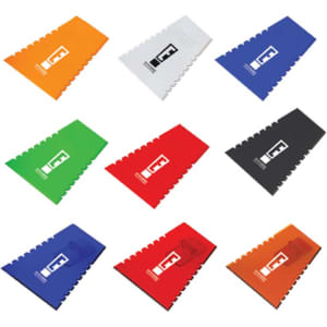 A set of ice scrapers in various colours: orange, white, green, red, black, and blue, featuring a logo.