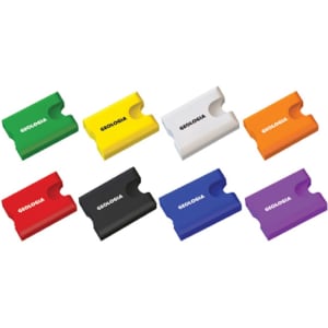 A collection of RFID car holders in green, red, black, yellow, orange, purple, and blue, featuring a logo.