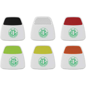 A set of six cable tidies in white, featuring various mesh top colours: black, red, green, and orange, with a logo.
