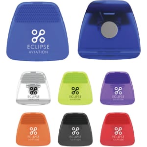 A collection of cable tidies in various colours: blue, clear, green, orange, black, and purple, featuring a logo.
