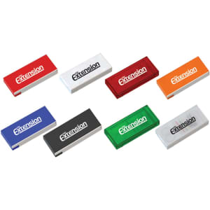 A collection of eight rectangular erasers in various colours: blue, red, green, orange, black, and white, each with a logo.