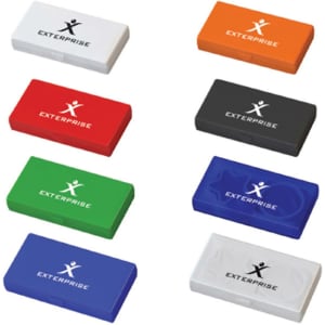 A set of erasers in orange, white, green, black, blue, and red, featuring a logo on each.