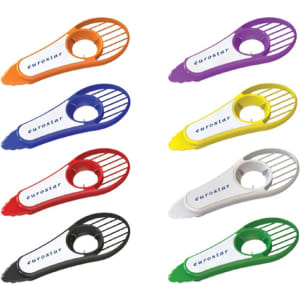 Eight avocado cutters in various colours, including orange, purple, red, yellow, green, and black, with a branding logo.