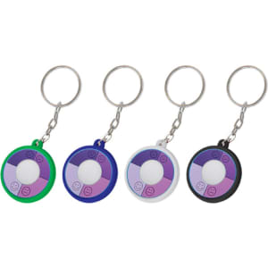 A set of four UV Checkers in green, blue, white, and black, each attached to a keyring.