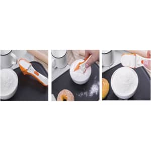 A set of three images featuring a white and orange measuring spoon scooping flour from a bowl onto a surface.