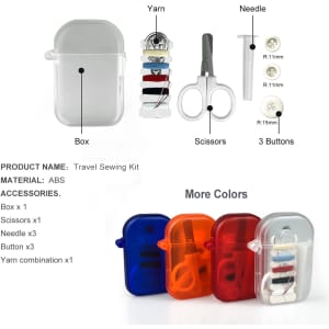 A travel sewing kit in assorted colours, including scissors, yarn, needles, and buttons, housed in a transparent case.