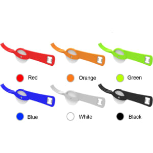 A selection of pizza cutters with bottle openers in red, orange, green, blue, white, and black, featuring logos.