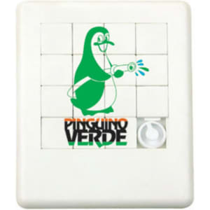 A white puzzle featuring a green penguin graphic and a logo at the bottom, displayed against a plain background.
