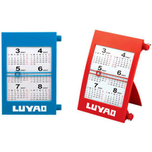 Two standing wall calendars in blue and red, featuring multiple months and a branded logo. Each has a foldable design.