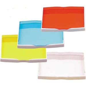 A set of four business card holders in yellow, blue, red, and clear, each with a white base and a sleek design.