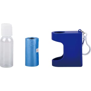 A clear drink bottle, blue rubbish bag roll, and a blue holder with a clip.