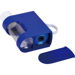 A blue rubbish bag and bottle holder featuring a transparent drink bottle compartment and a roll of rubbish bags inside.