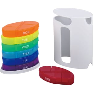 A multi-coloured 7-day pill box with a white storage container, featuring compartments for each day of the week.