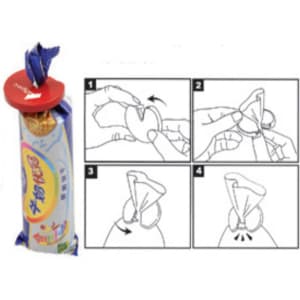 A red and blue bag clip with instructional images for securing a food bag. Features a logo on the clip.