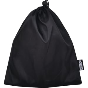 A black drawstring bag made of smooth material, featuring a toggle closure and a small tag.