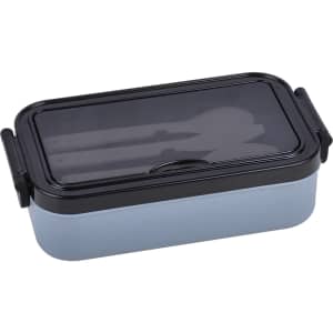 A blue lunch box with 304 stainless steel utensils inside, featuring a transparent lid and black accents.