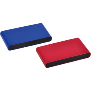 A blue and a red tool set, featuring a sleek design with a push mechanism. Each has a small logo on the surface.