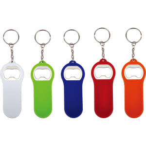 A drink bottle opener with letter opener in five colours: white, green, blue, red, and orange. Features a keyring attachment.